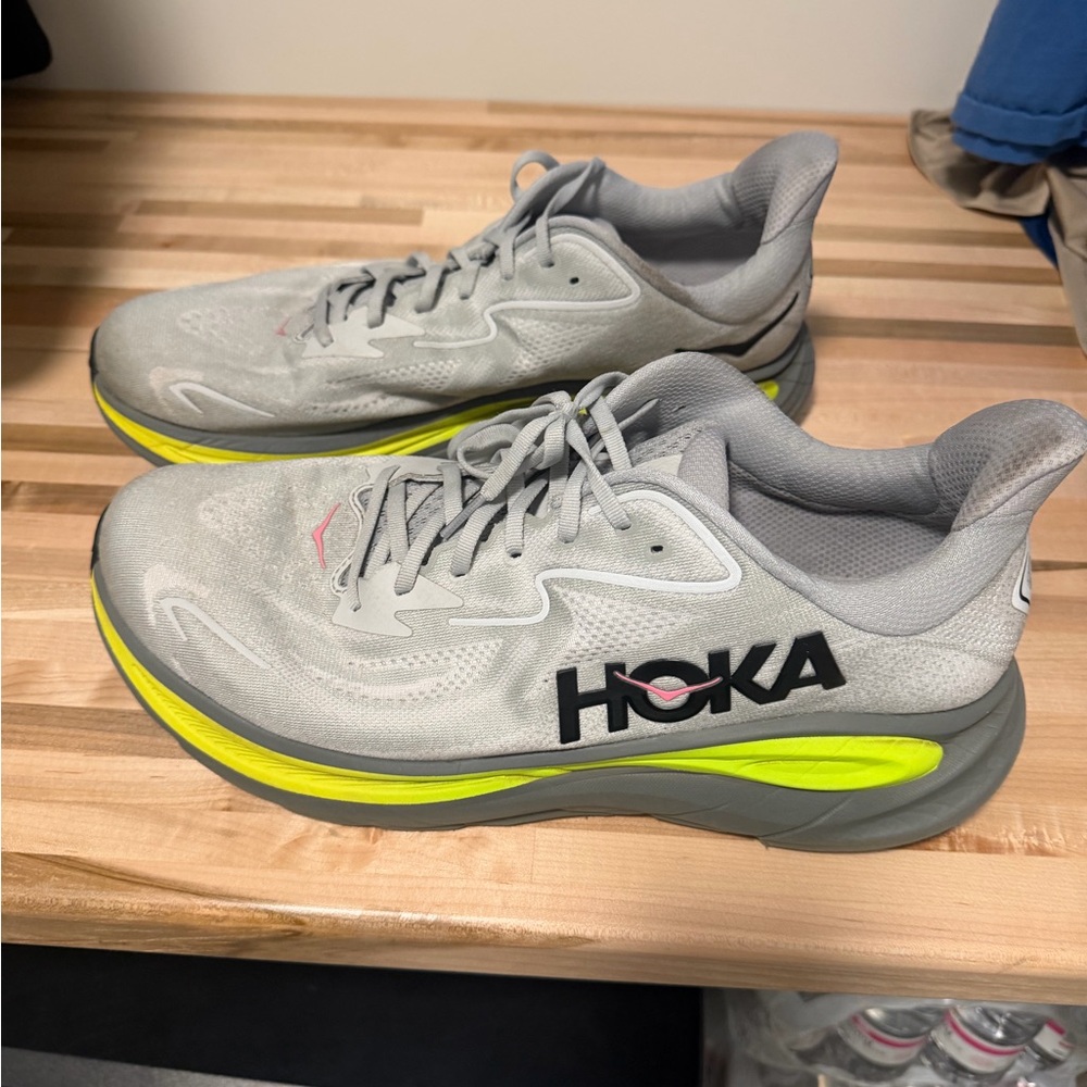 Hoka Light Gray & Neon Yellow Athletic Running Shoes